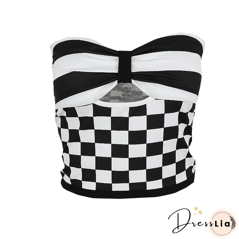 Patchwork Bow Checkered Bandeau Top