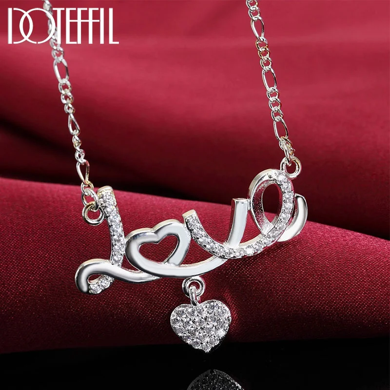 DOTEFFIL 925 Sterling Silver 18 Inch AAA Zircon Heart Shaped Love Pendant Necklace For Women Jewelry