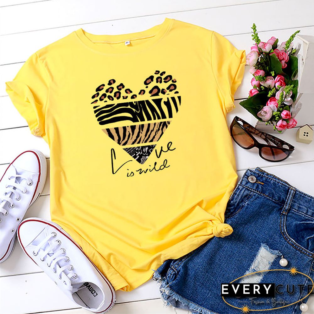 White Woman Tshirts Summer TShirt Fashion Heart Leopard Print Shirt 100%Cotton Tops O Neck Short Sleeve Tees Women Graphic Tee