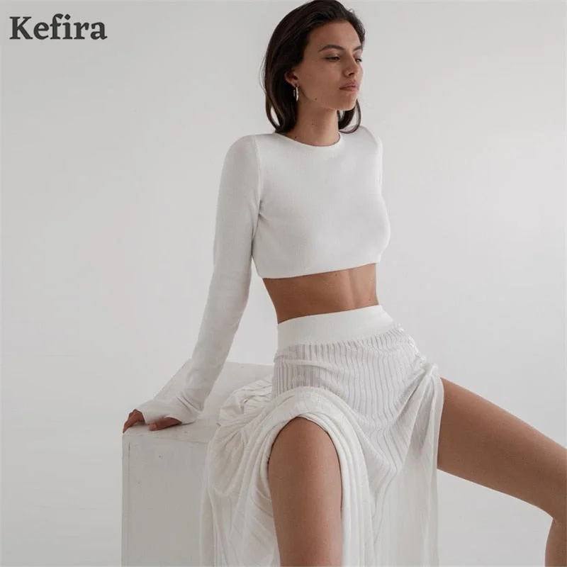 Kefira 2022 Knitted Sweater Long Skirts Two Piece Set Women Suits With Skirt Crop Top Button Sexy Split Dress Suits Outfits