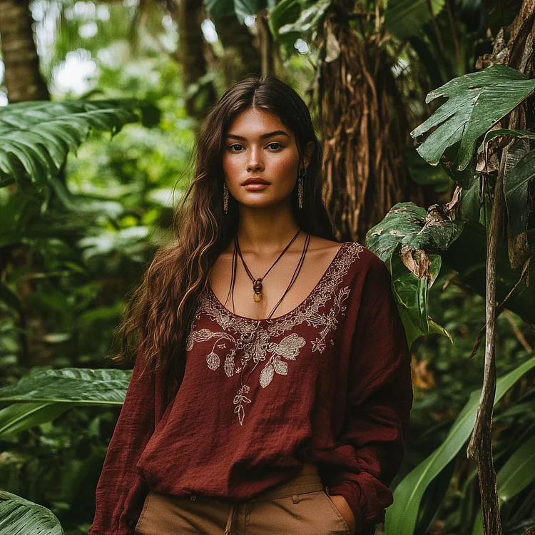 Vintage Floral Embroidery Art Linen Crew Neck T-shirt