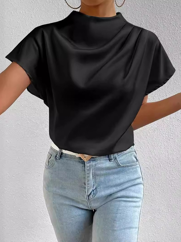 Solid Color Pleated Short Sleeves Loose Mock Neck T-Shirts Tops BLACK-XL