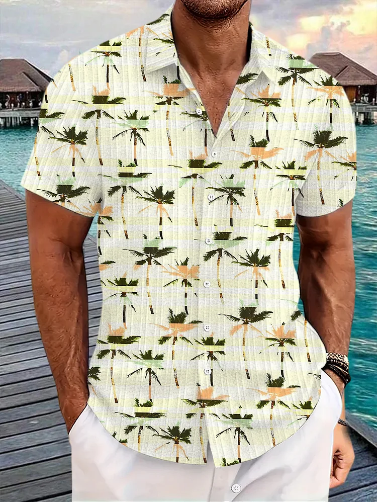 Men's Vacation Hawaiian Palm Tree Print Short Sleeve Shirt