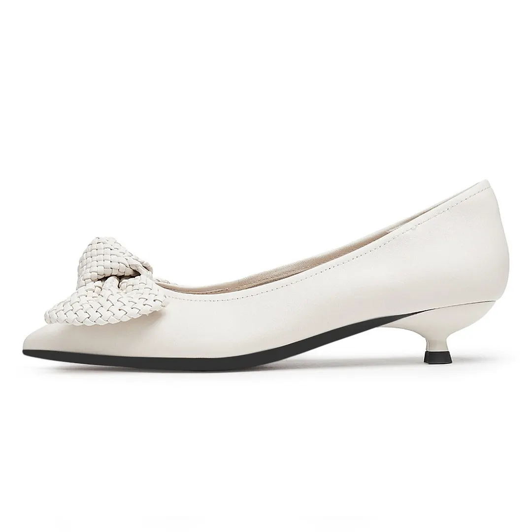 YDN White Pointed Toe Kitten Heel Pumps Shoes with Woven Bow