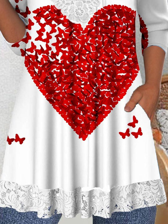 Women Long Sleeve V-neck Love Floral Printed Graphic Lace Pockets Tops