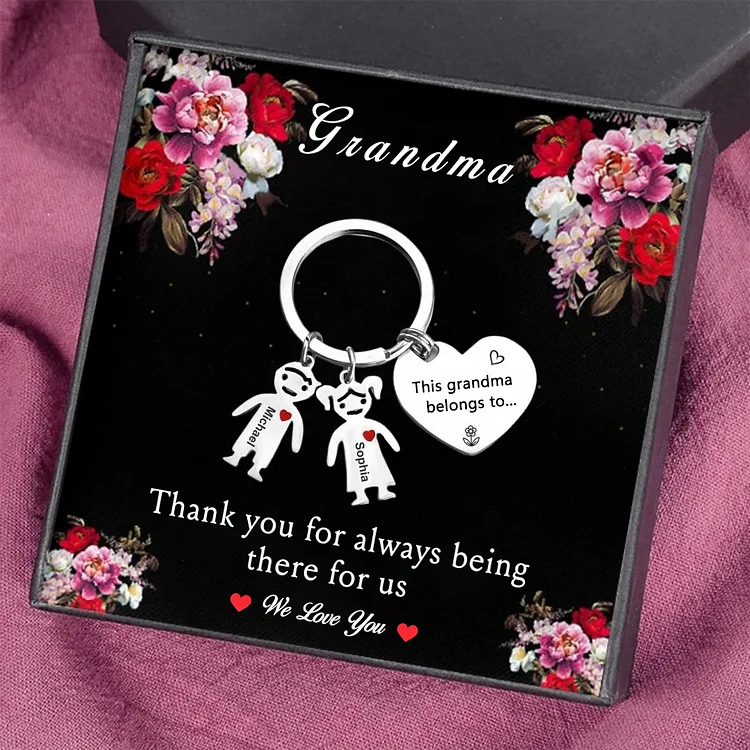 Personalized Keychain with Kid Charm Engraved 2 Names Family Keychain for Grandma