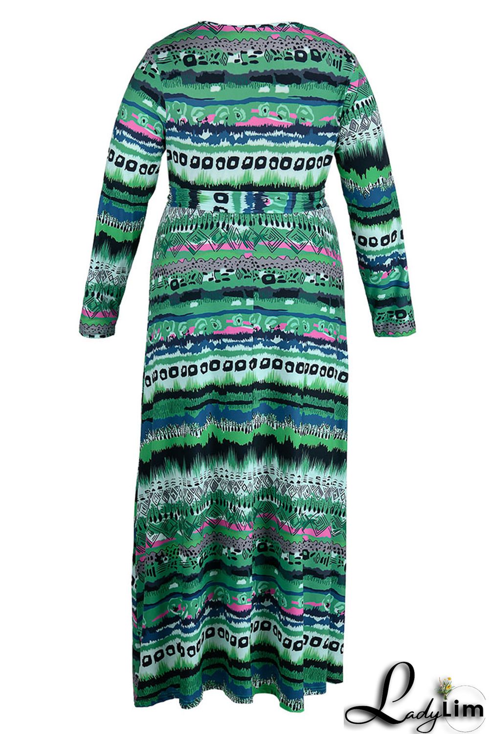 Yellow Casual Print Bandage Patchwork V Neck Long Sleeve Plus Size Dresses