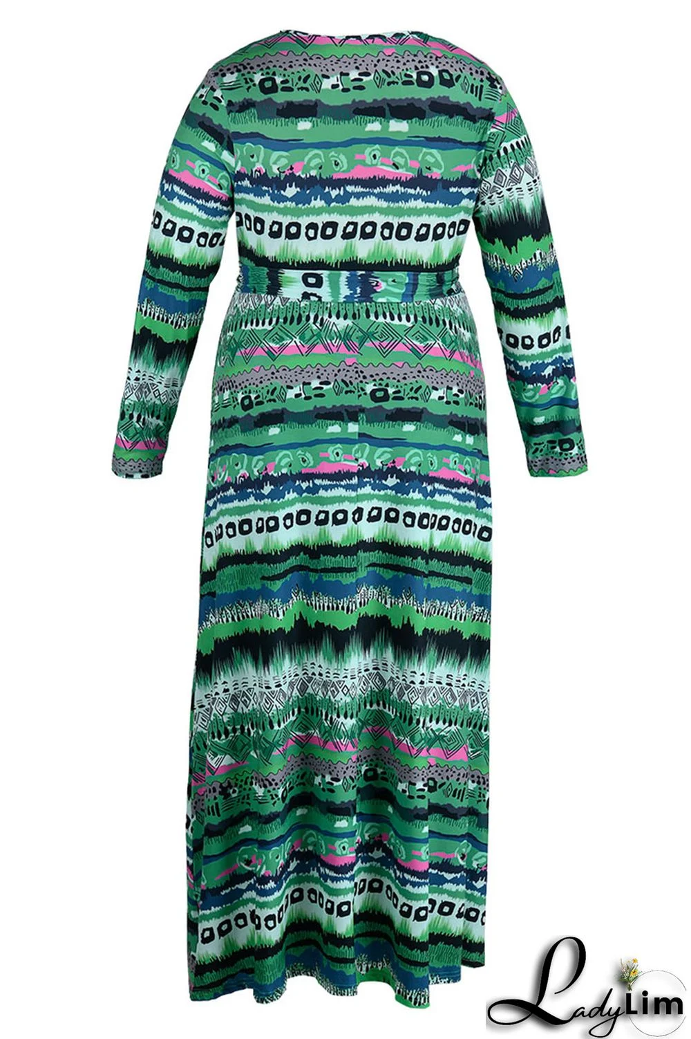 Yellow Casual Print Bandage Patchwork V Neck Long Sleeve Plus Size Dresses