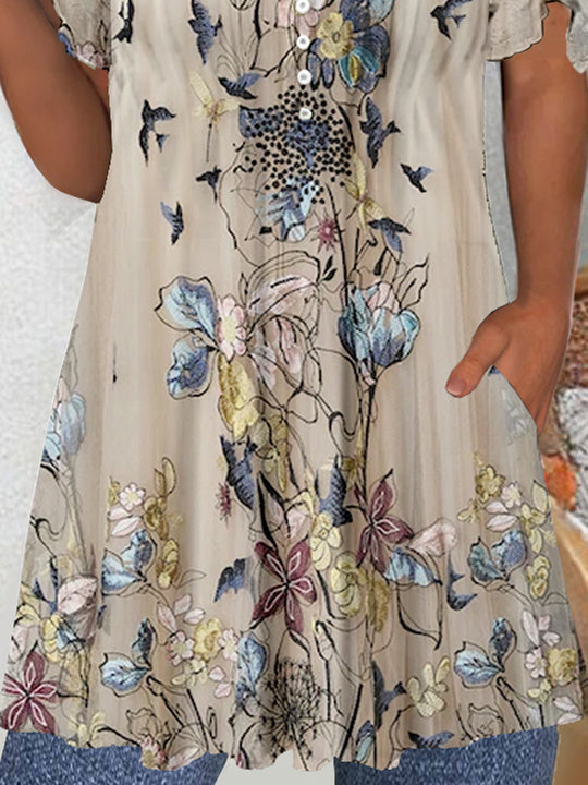 Women's Short Sleeve V-neck Graphic Lace-up Buttons Tops