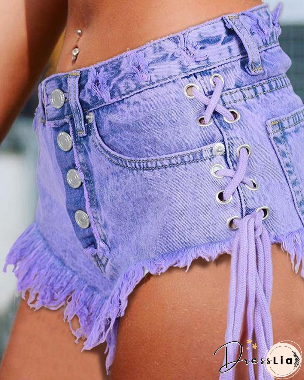 Macaron Purple Button Bandage Jeans Shorts