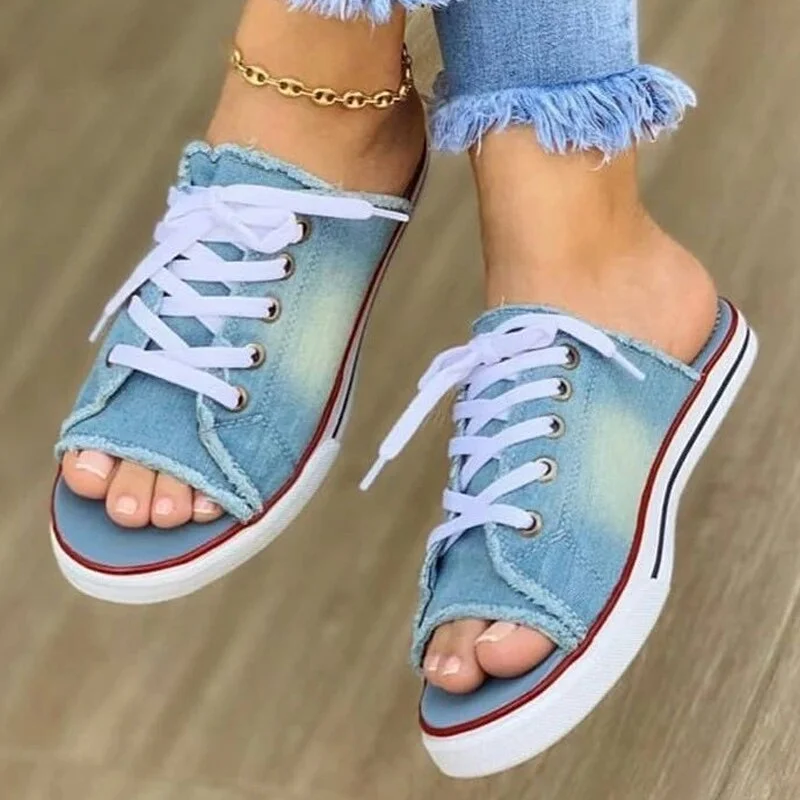 35-43 Women Canvas Sandals 2021 Fashion Breathable Summer Slippers Open Toe Shoes Ladies Faux Denim Flat Shoes Zapatos Mujer