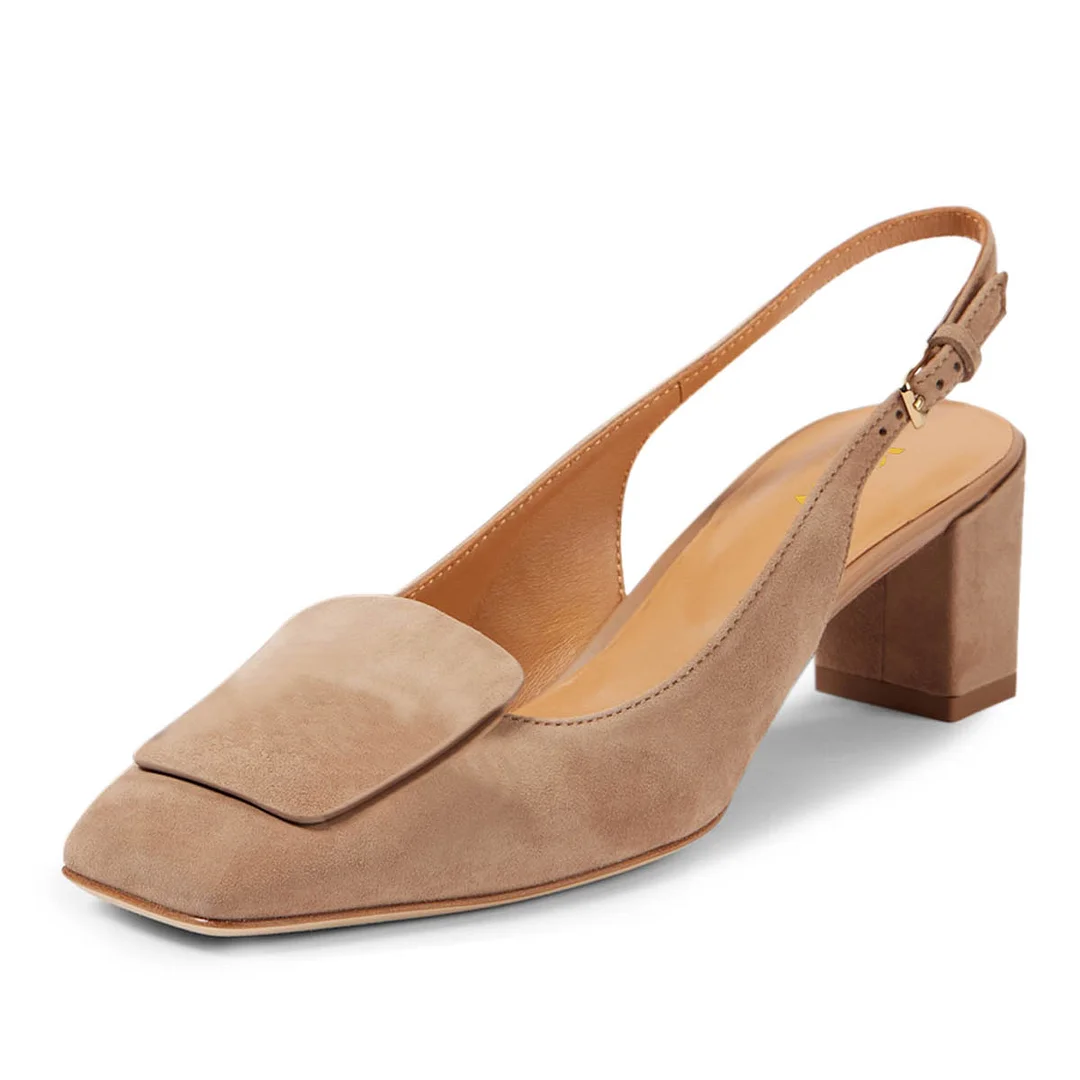 Simple Tan Vegan Suede Chunky Heel Square Toe Slingback Shoes