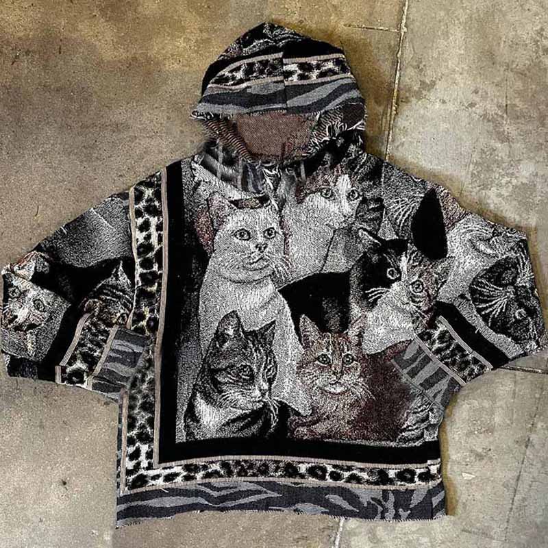 Retro Cute Cat Casual Street Tapestry Knit Hooded Sweater