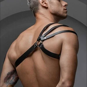 pornhint Pornhint Leather Harness Outfit Men Triple Gift Full One Shoulder Chest Waist Black Vegan BDSM Rave Fetish Kinky Caged Top Belt Set for Boyfriend