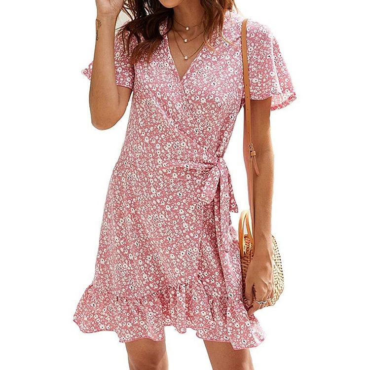 Women's Summer Wrap V Neck Polka Dot Print Ruffle Short Sleeve Mini Floral Dress with Belt