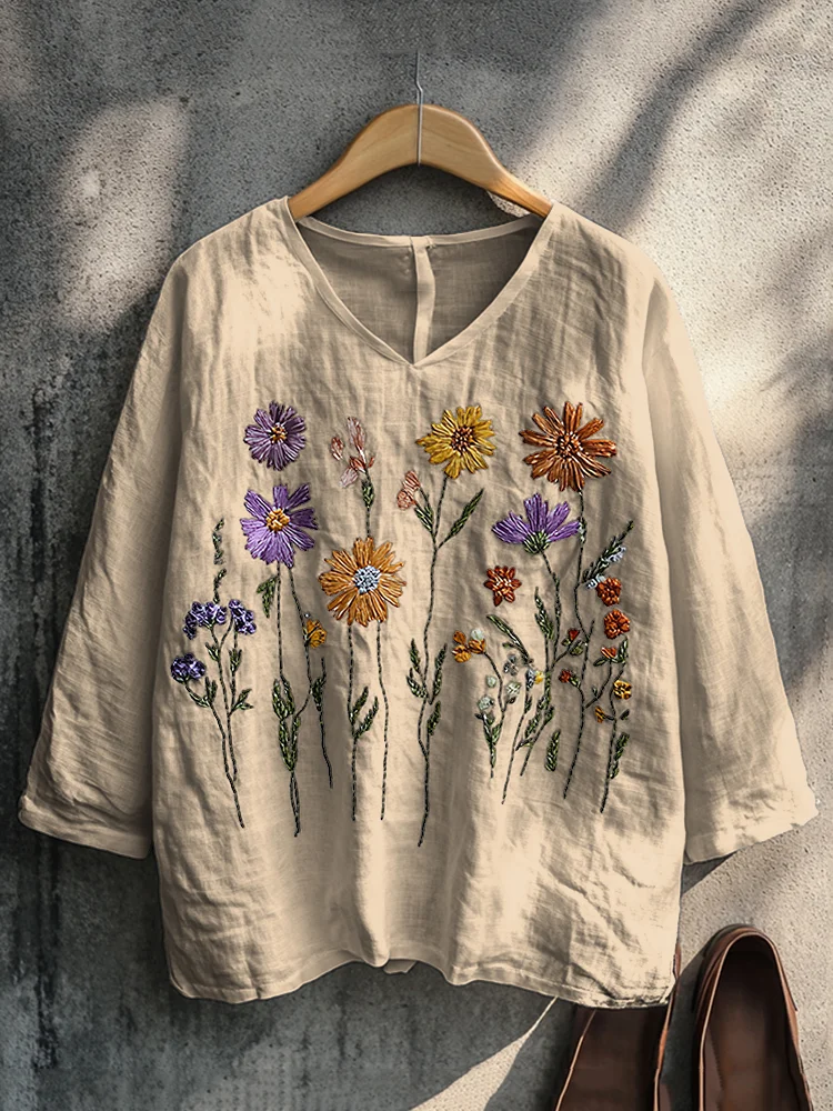 VChics Boho Floral Embroidery Print Cotton And Linen Blend Loose Blouse