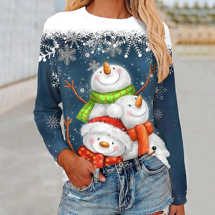 Christmas Snowman Printing Long Sleeve T-shirt VangoghDress