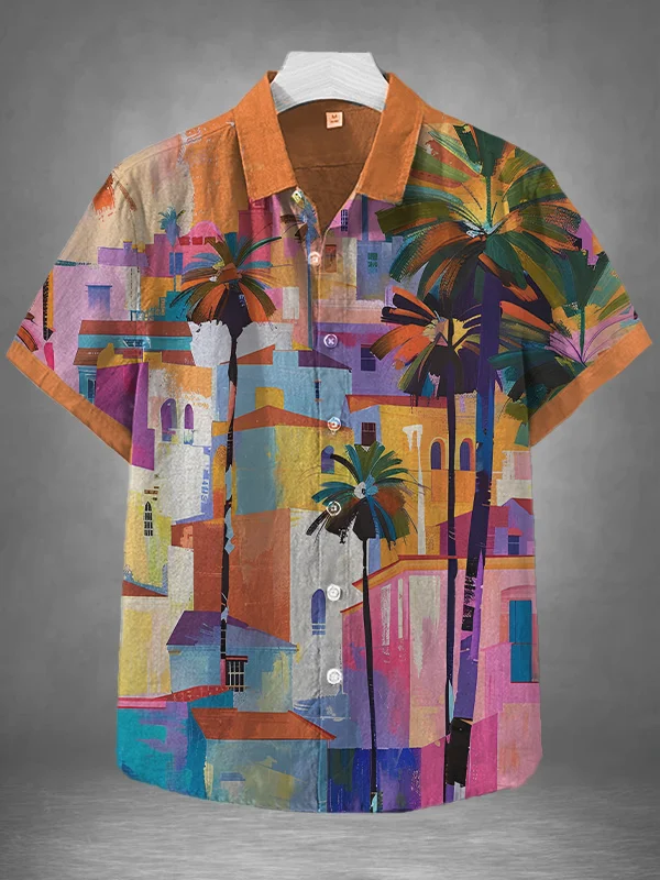 Men's Colorful Buildings Art Print Short Sleeve Shirt
