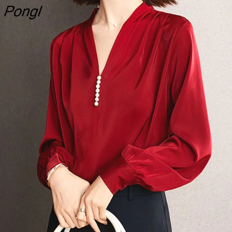 Pongl Satin V-Neck Lantern Sleeve Thin Women Blouse Bright Color Embroidered Flares Chiffon Pullover Female Cloths French
