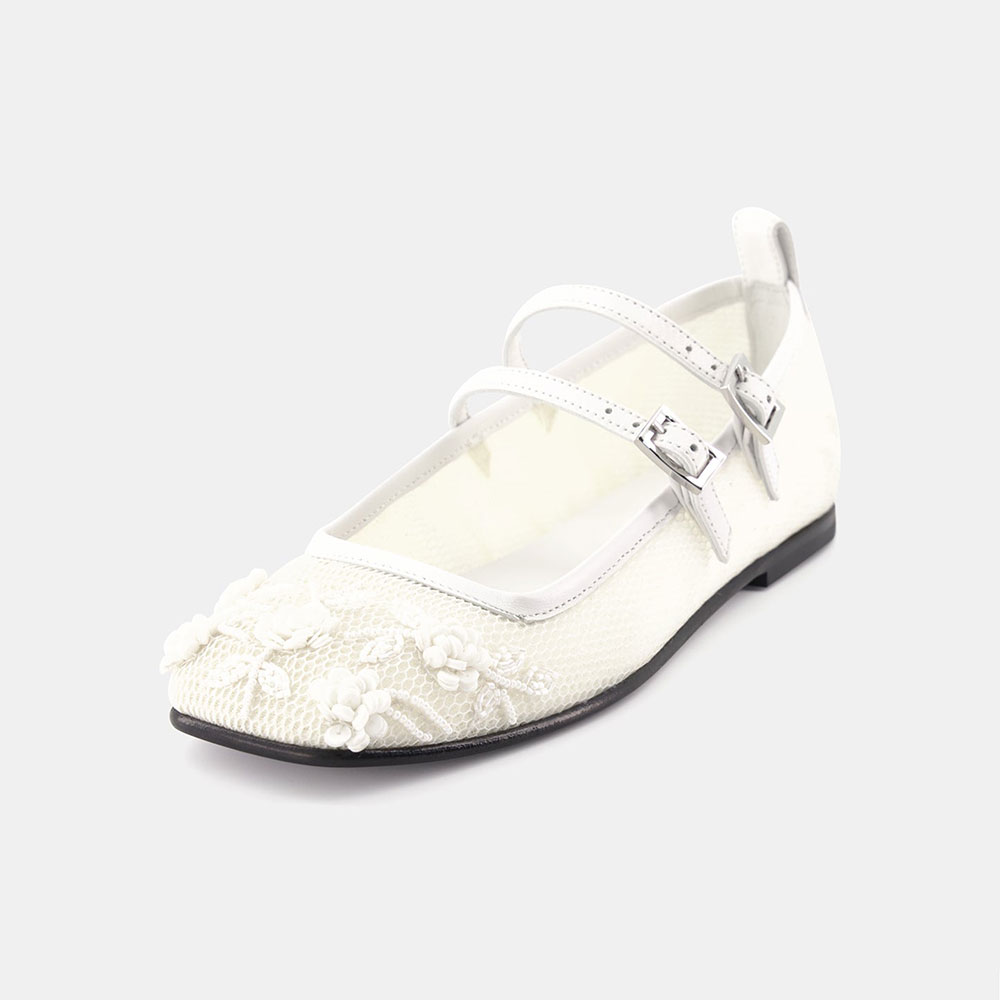White Mesh Beads & Sequins Embellished Closed Toe Mary Jane Shoes Nicepairs