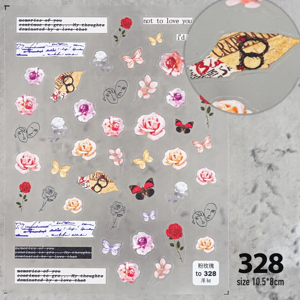 [Beautizon] 2021 New 3D Engraved Nail Stickers Rose flowers Paper texture pattern high quality Empaistic Butterfly Sticker