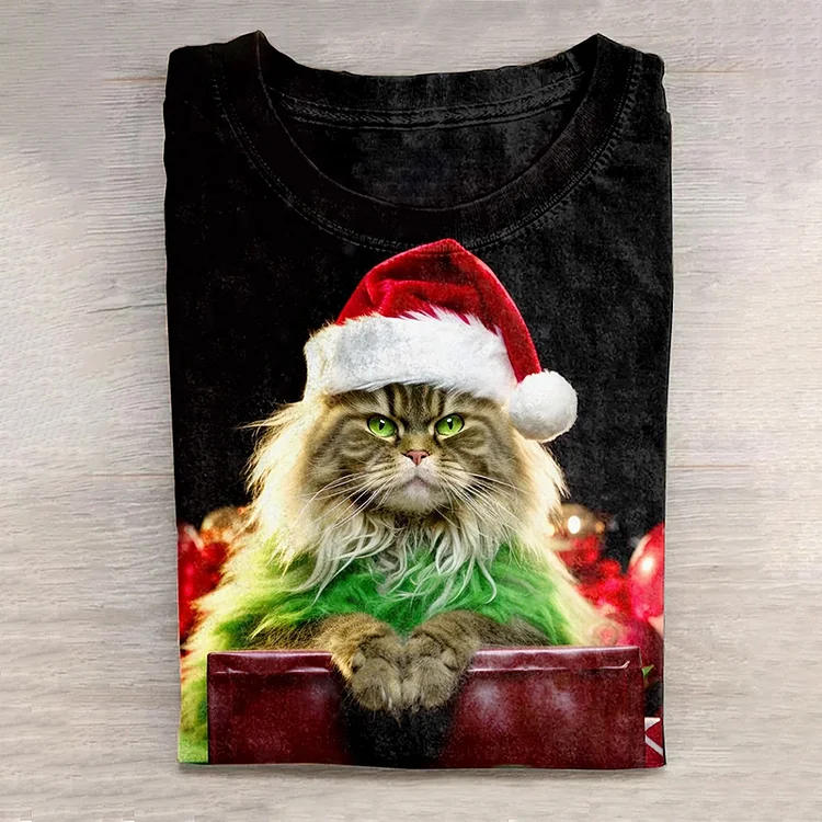 Comstylish Christmas Cat Art Print Casual Round Neck Long Sleeve T-Shirt