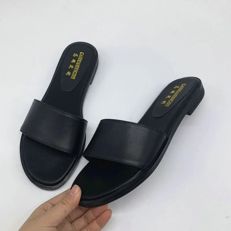 New women slippers 100% Genuine leather 1.5cm flat slipper open toe women sandals  black  yellow ladies casual shoes woman