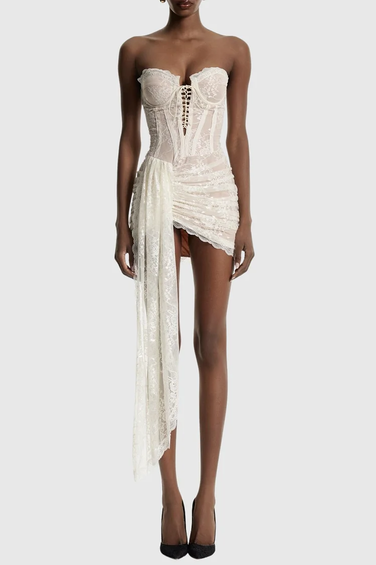 Delgado Lace Corset Strapless Mini Dress - Beige