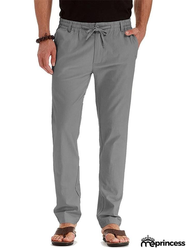 Men's Elastic Drawstring Waistband Casual Straight Cotton Pants