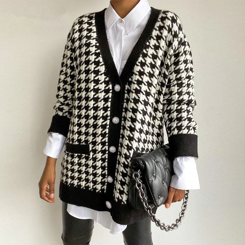 Ladies Houndstooth Autumn Winter Cardigans Women Sweater Coat Knitted Loose Oversized Women Sweaters Jacket Jumper Female Tops