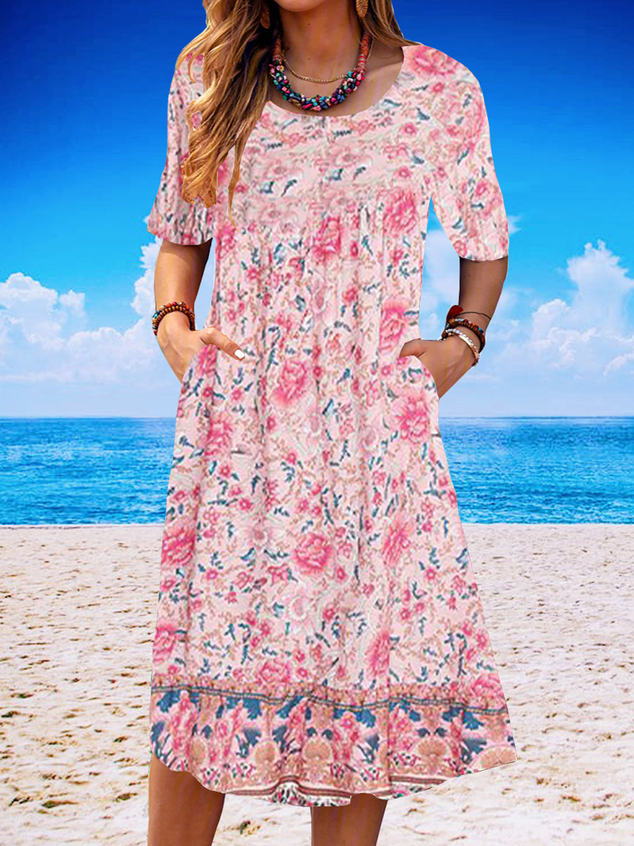 Women Half Sleeve V-neck Solid Color Dress