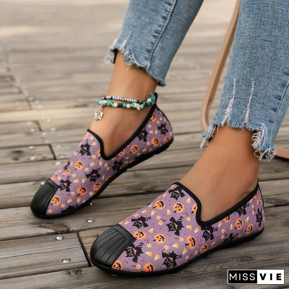 Halloween Purple Casual Patchwork Printing Round Comfortable Flats Shoes