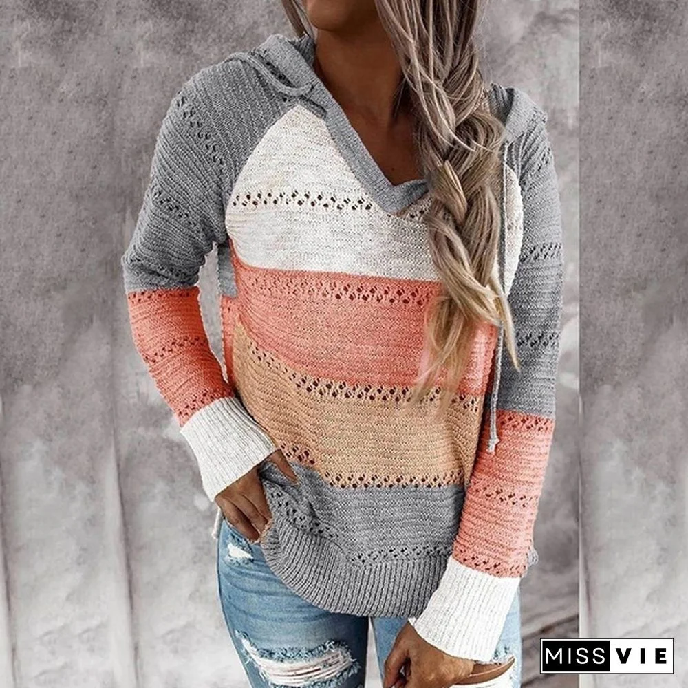 New Fashion Stitching V-neck Hooded Sweaters for Women Autumn Hollow-out Knitted Sweater Color Block Pullover Hoodies Coat