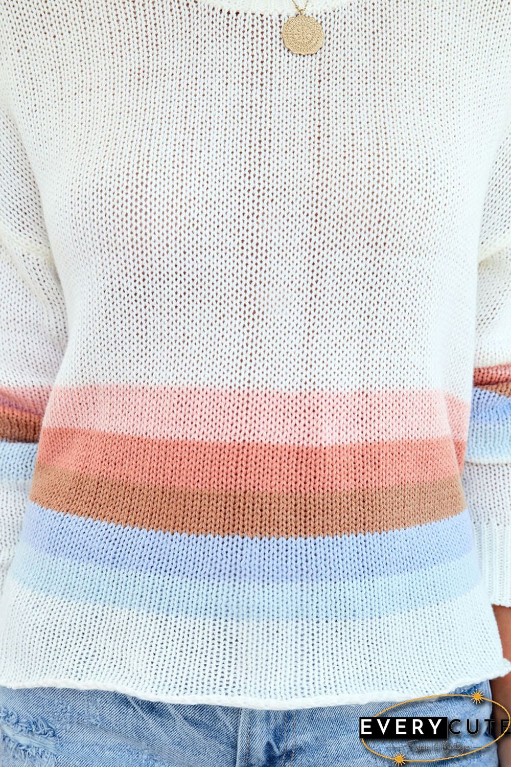 White Ribbed Round Neck Striped Sweater