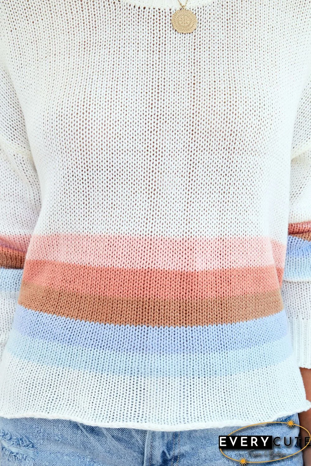 White Ribbed Round Neck Striped Sweater