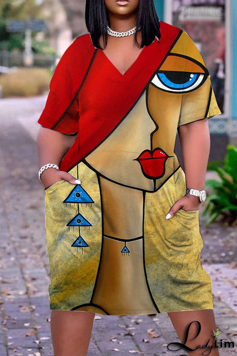 Beige Casual Street Print Patchwork V Neck Straight Dresses