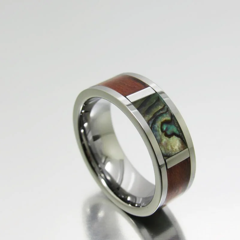 8MM Tungsten Carbide Rings Flat Silver Slotted Six-Piece Abalone And Cross Rosewood For Womens And Mens