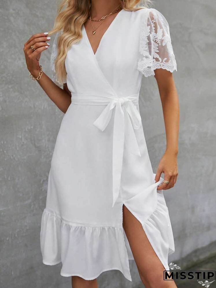 Contrast Lace Ruffle Hem Belted Dress