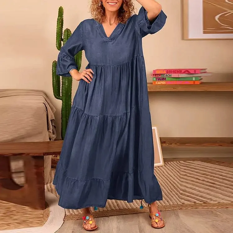 Women's Denim Maxi Dress V-Neck Ruffled Dress