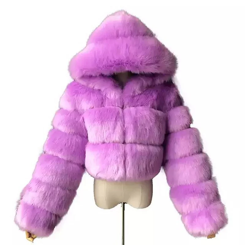 Faux Fur Coats Winter Warm Cropped Fluffy Jacket Coat Parkas Women Oversize Outerwear Ladies Female Soft with Hooded Coats