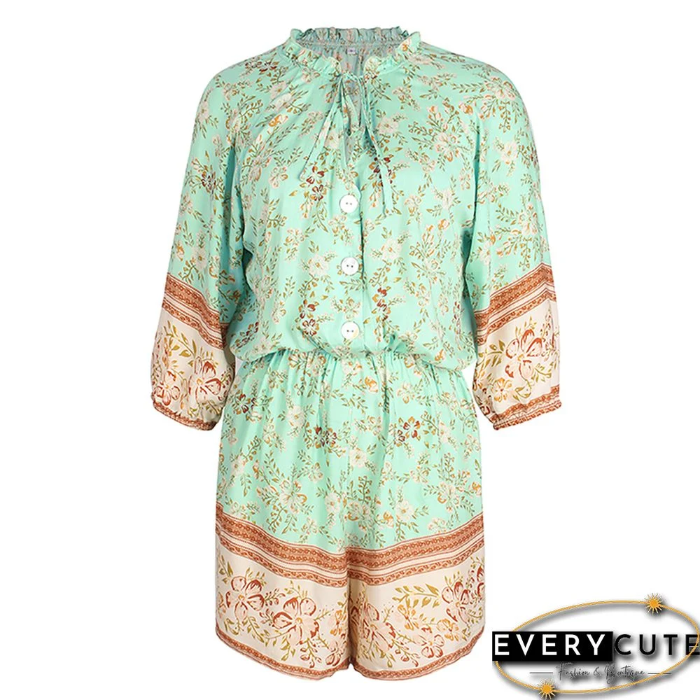 Light Green Bohemia Print V Neck Casual Romper