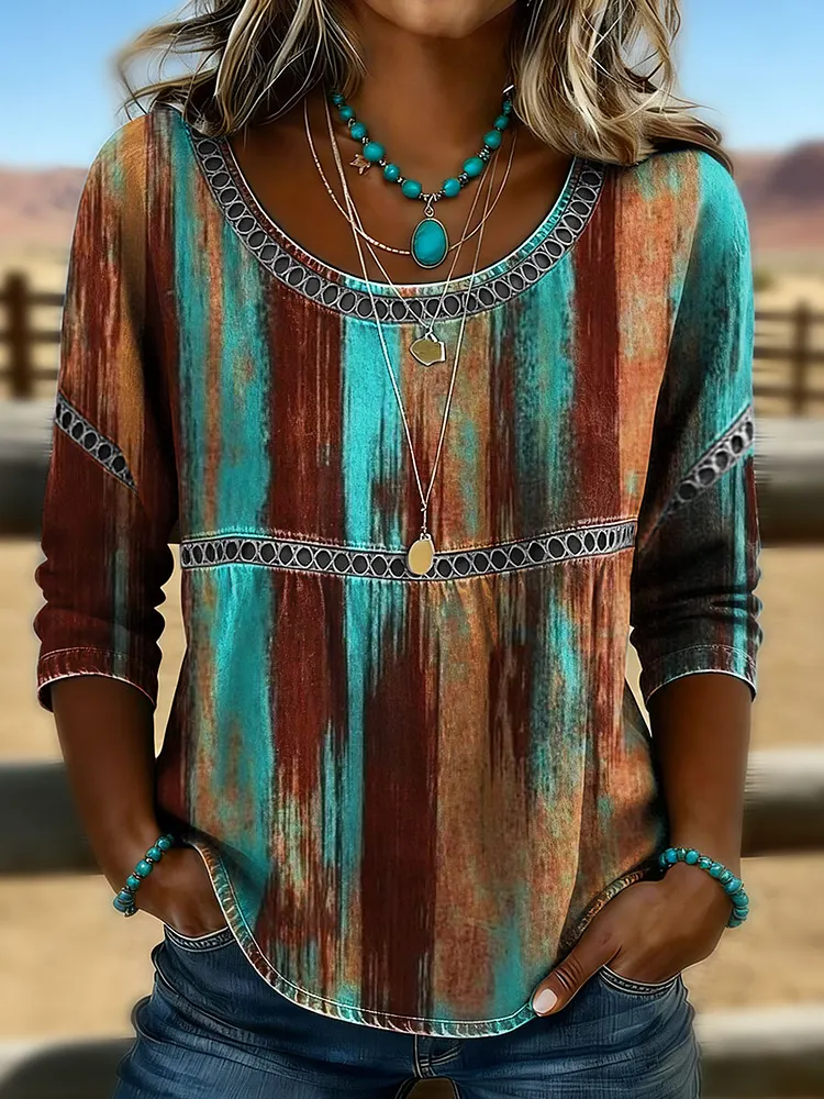 Women's Vintage Print Casual 3/4 Sleeves Hollow Denim Shirt