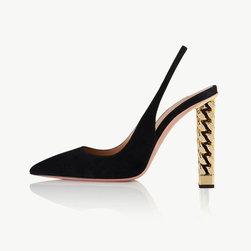 Black Vegan Suede Pointed Toe Decorative Heel Classic Slingback Pumps Nicepairs