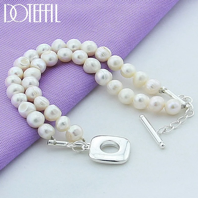 DOTEFFIL 925 Sterling Silver Double Chian Natural Freshwater Pearl Bracelet For Women Jewelry