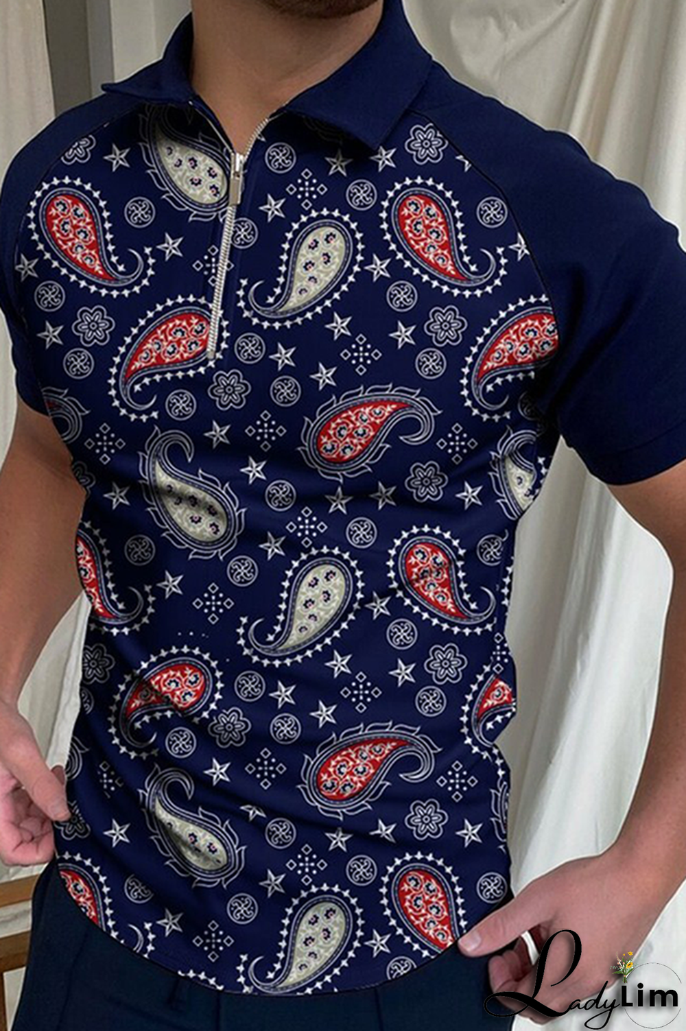 Tibetan Blue Fashion Casual Print Split Joint Zipper POLO collar Tops