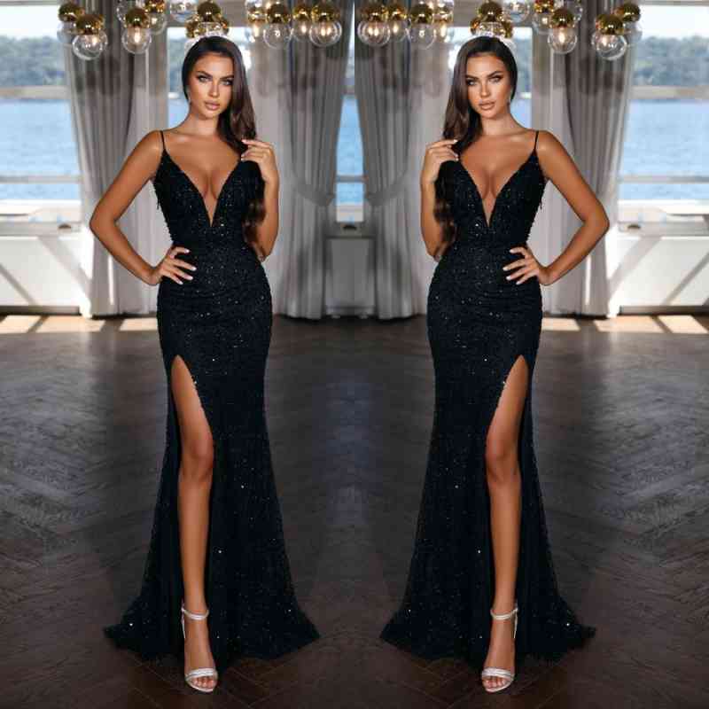 Bellasprom V Neck Spaghetti Straps Prom Dress Sequins Mermaid With Slit