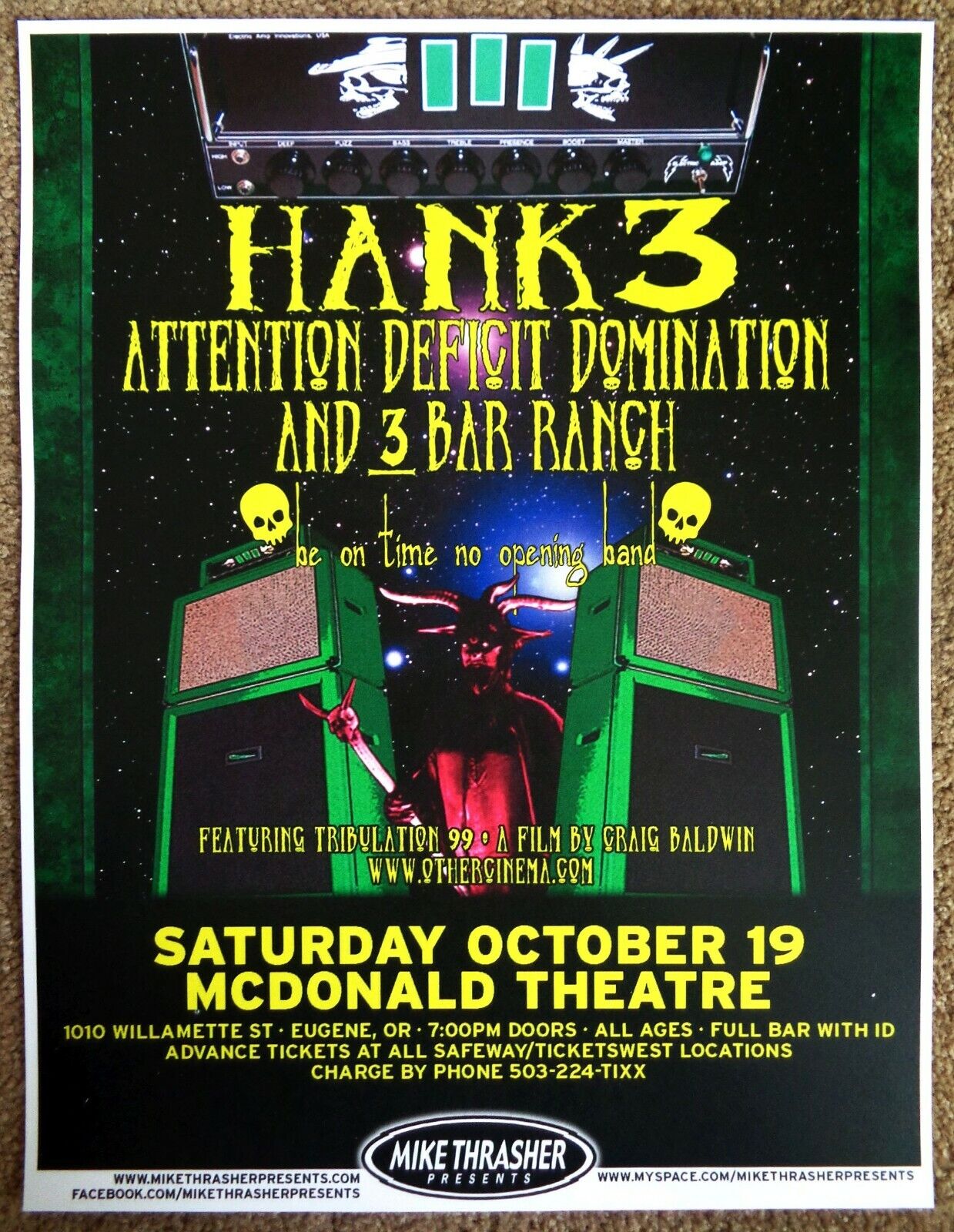 HANK WILLIAMS III 2013 Gig POSTER Eugene Oregon Concert