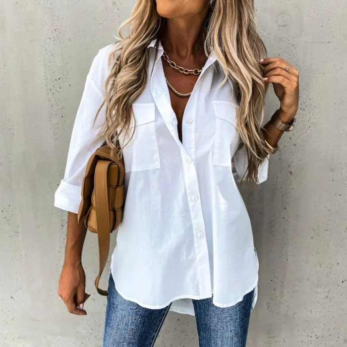 wsevypo Casual Women Button-down Shirt Solid Color Long Sleeve Lapel Irregular Hem Loose Tops Fall Spring Plain Shirts