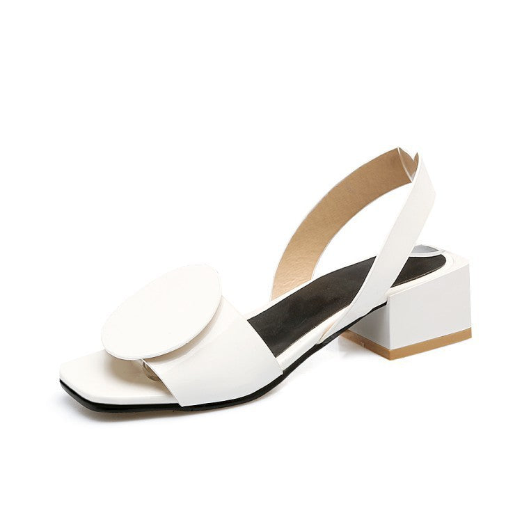 Women's PU patent leather square peep toe block heels sandals medium heel slingback sandals