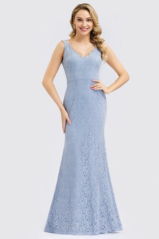 Elegant V-Neck Blue Sleeveless Lace Mermaid Long Evening Prom Dress - lulusllly